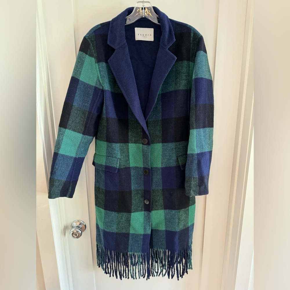 Sandro Plaid Tartan Long Wool Coat with Fringe, FR Sz 38